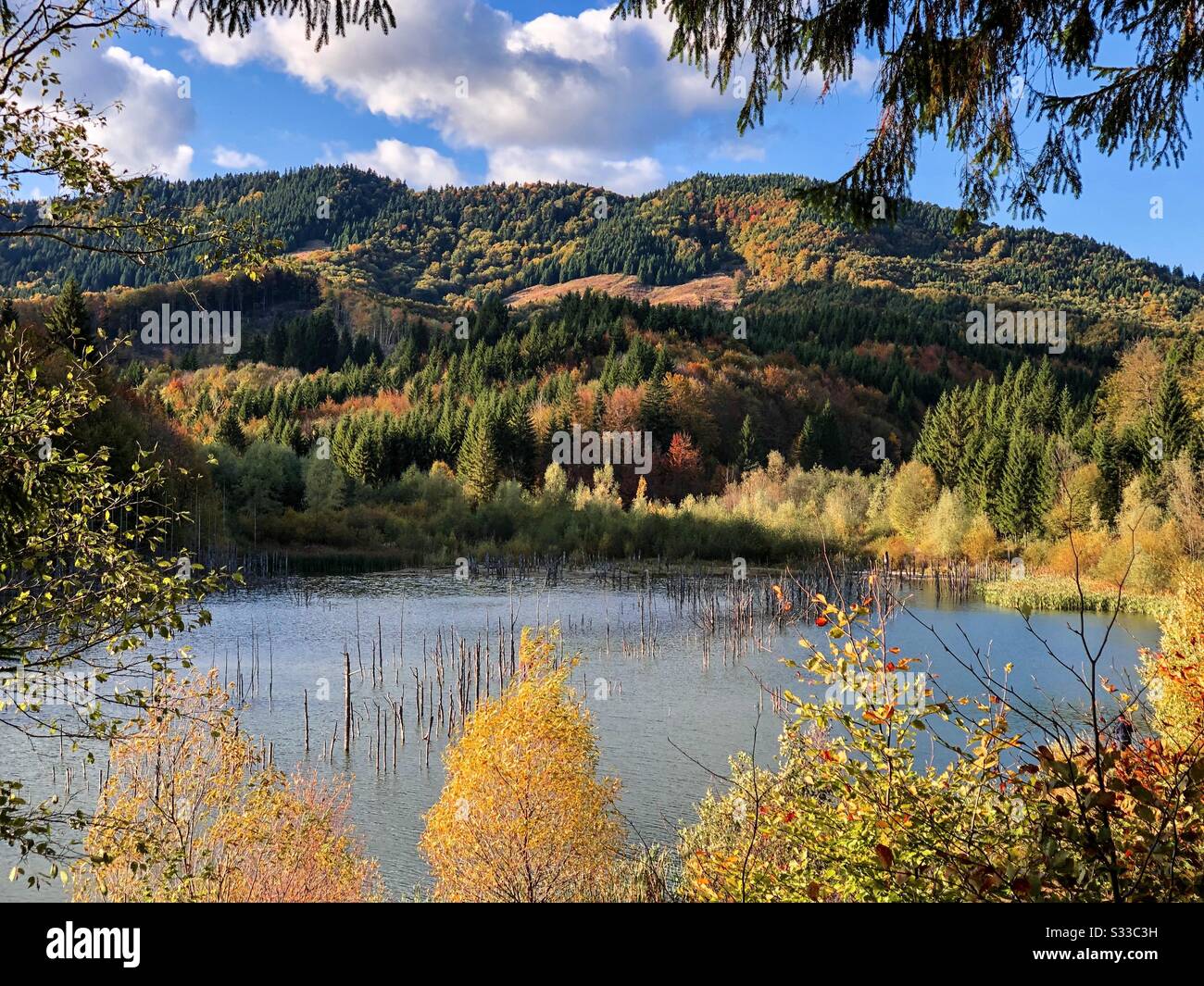 Lake surrounded by mountains in autumn - Smartphone Captured Stock Image