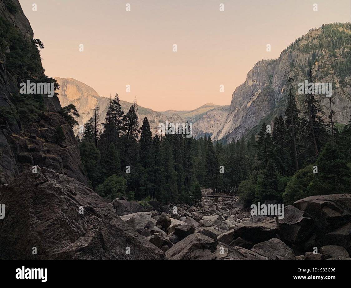 Photo at Yosemite at sunset with half dome on the left hand side Stock Photo