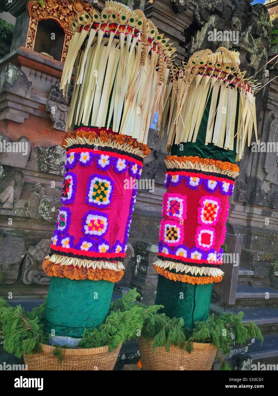 Street decorations for a religious festival in Ubud, Bali, Indonesia - Smartphone Captured Stock Image