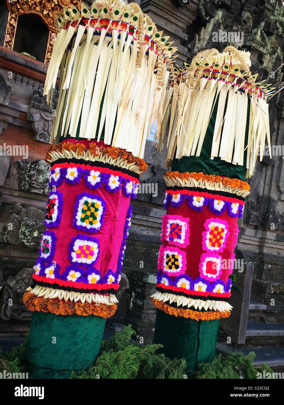 Street decorations for a religious festival in Ubud, Bali, Indonesia - Smartphone Captured Stock Image
