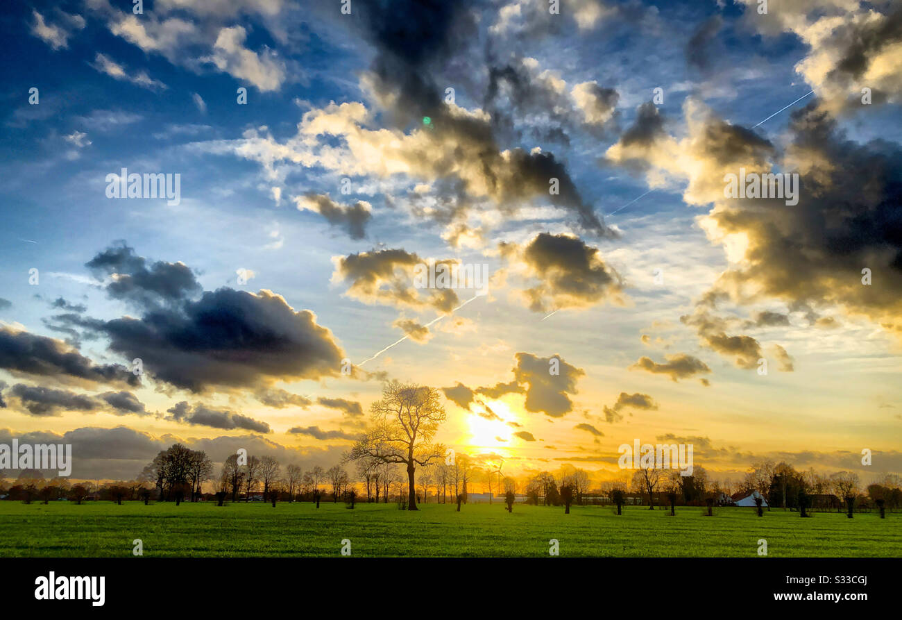 Small dark clouds over a beautiful glowing sunset meadow landscape - Smartphone Captured Stock Image