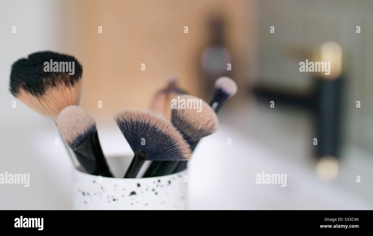 Makeup brushes in the bathroom - Smartphone Captured Stock Image