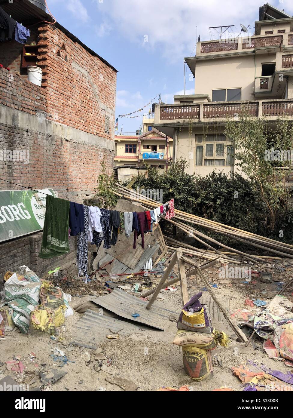 Laundry drying outside in the streets of Kathmandu, Nepal Stock Photo