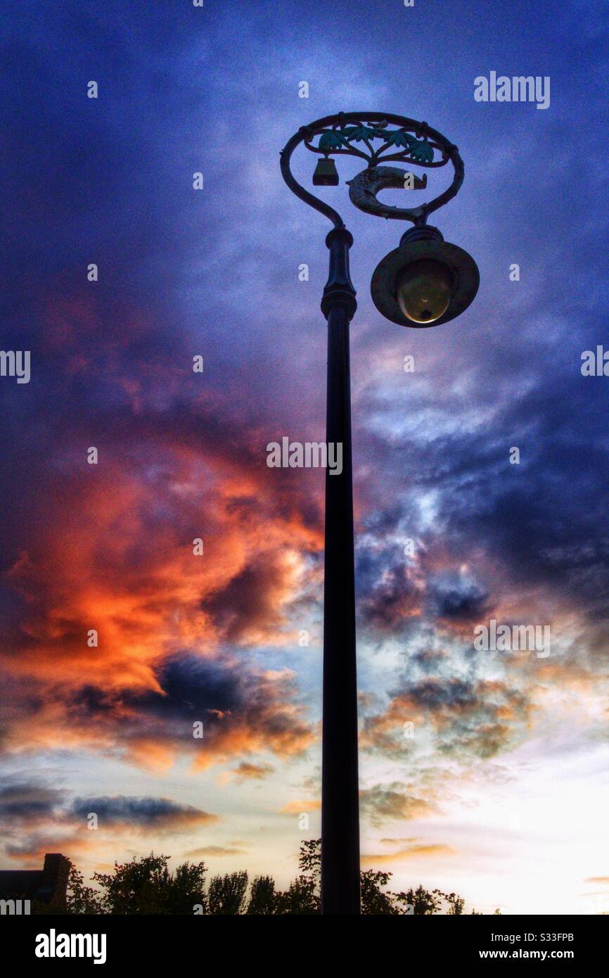 Street light outside Glasgow Cathedral showing the Glasgow coat of arms. - Smartphone Captured Stock Image