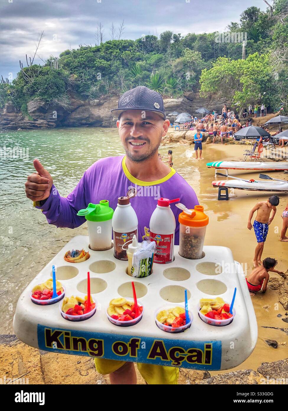 An acai vendor on Azeda Beach in Buzios, Brazil. Stock Photo