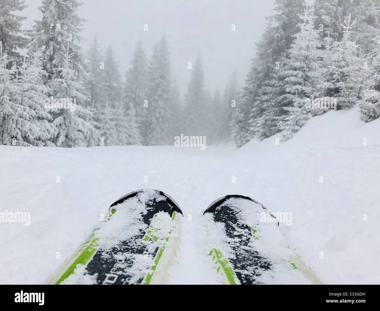 Close up of skis on the slope - Smartphone Captured Stock Image