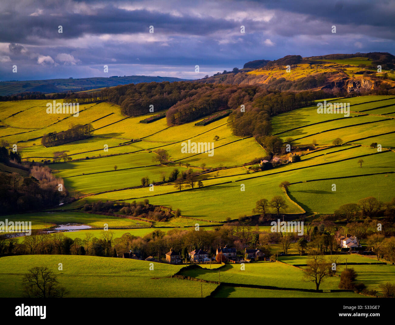 View looking over the Peak District landscape near Curbar in Derbyshire England UK. Stock Photo