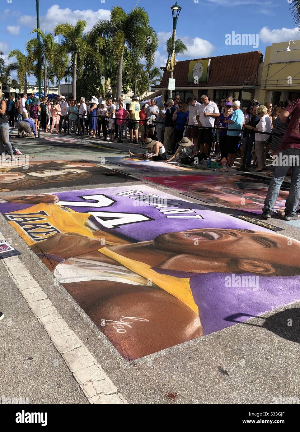 Sidewalk chalk mural, a memorial to Kobe Bryant at the Lake Worth beach art festival, Florida, February 2020. Stock Photo