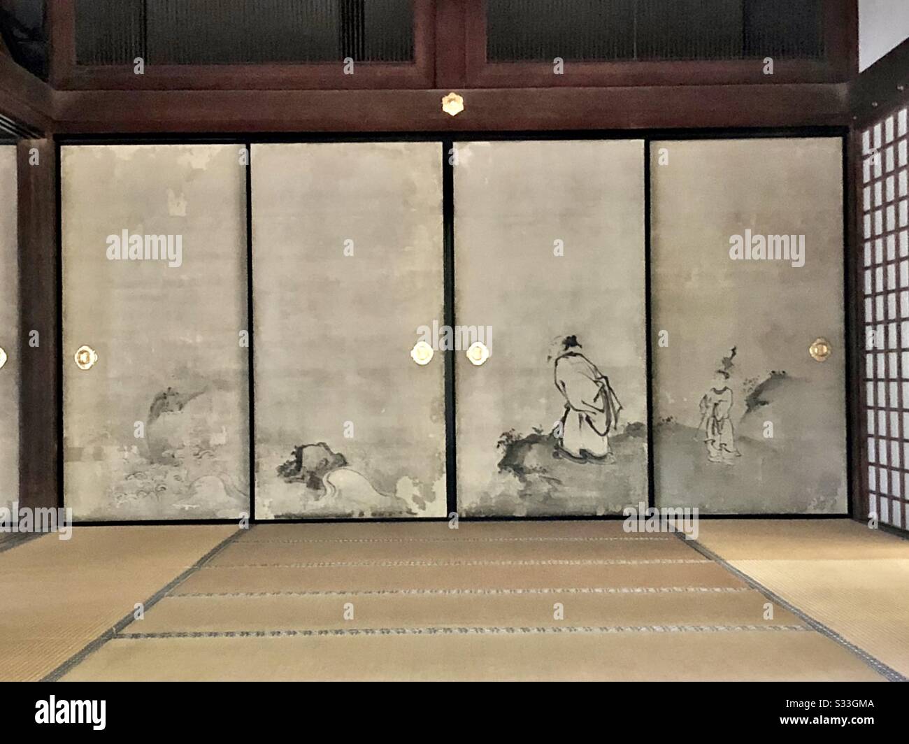 Zen painting on a fusuma, interior of a room in  Nanzen-in temple, Kyoto, Japan - Smartphone Captured Stock Image