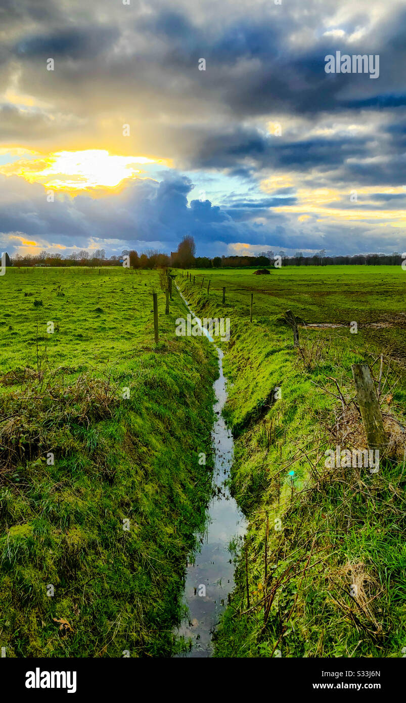 Golden sunrise or sunset sun shining through the dark stormy clouds over a rural countryside landscape showing grassy green farmfields divided by a creek - Smartphone Captured Stock Image