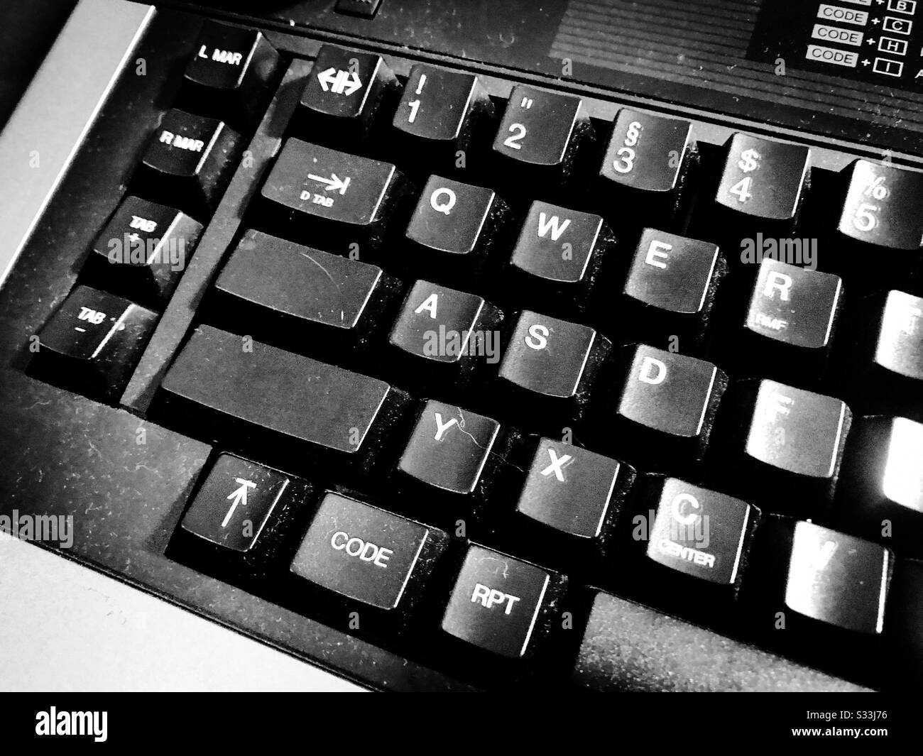 Typewriter keyboard detail closeup black and white Stock Photo