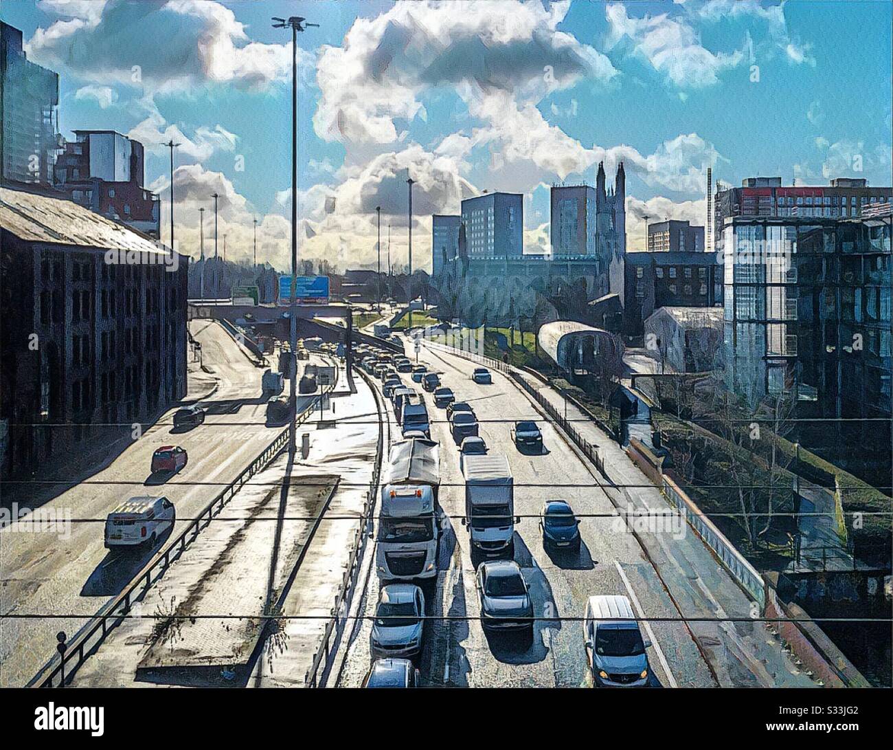 Mancunian Way traffic in Manchester. Busy traffic jam in the city.  Road closures and problems. Stock Photo