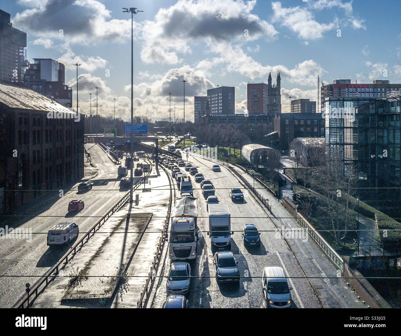 Mancunian Way traffic in Manchester. Busy traffic jam in the city.  Road closures and problems Stock Photo