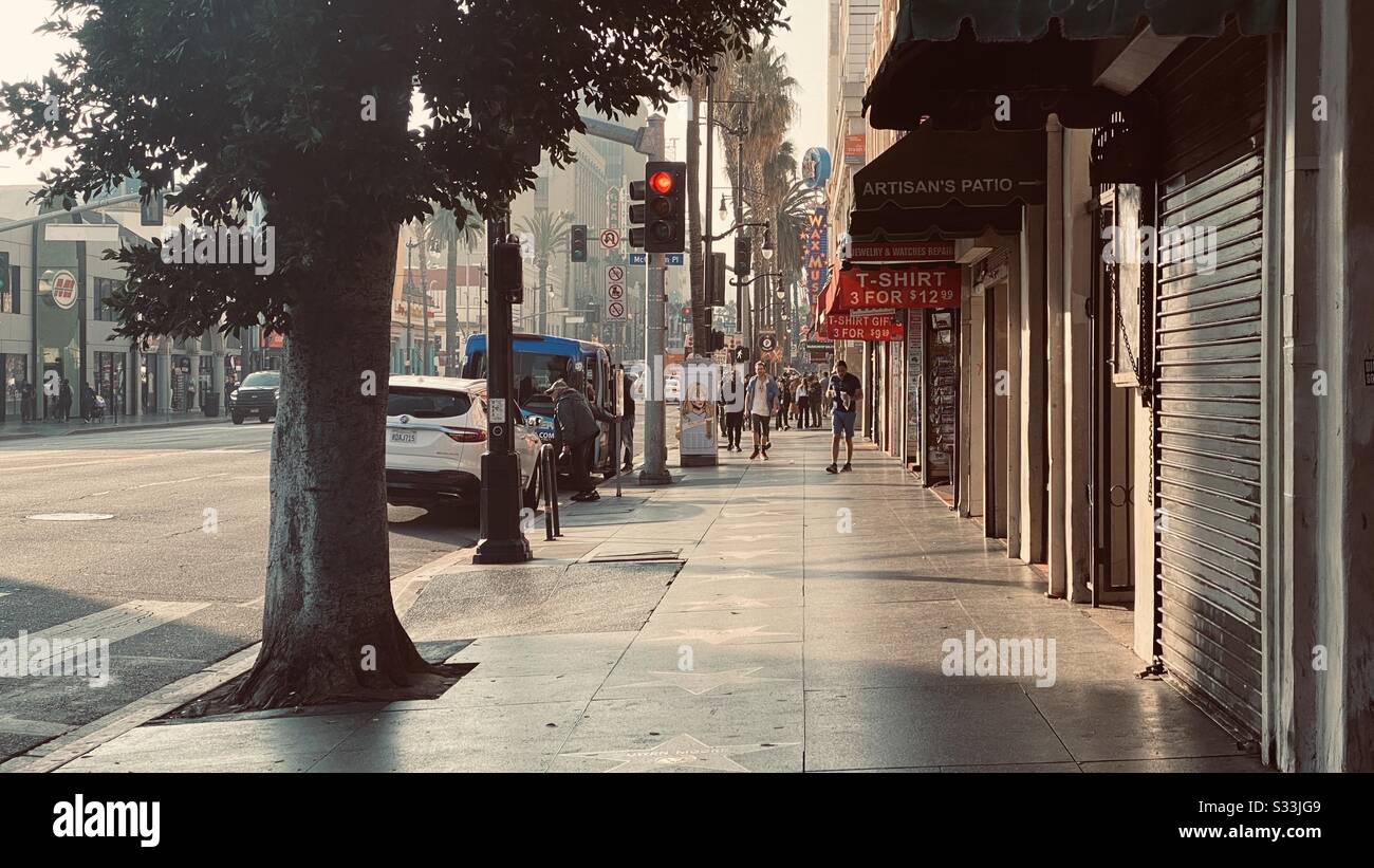 LOS ANGELES, CA, JAN 2020: view along Hollywood Blvd in afternoon light with pedestrians on the Walk of Fame - Smartphone Captured Stock Image
