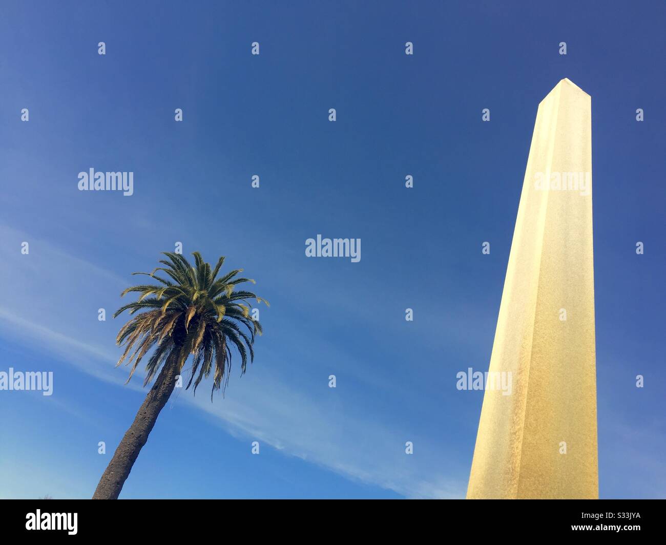 Grave marker obelisk and palm tree against a blue sky. Mountain View Cemetery, Piedmont Avenue, Oakland, California - Smartphone Captured Stock Image