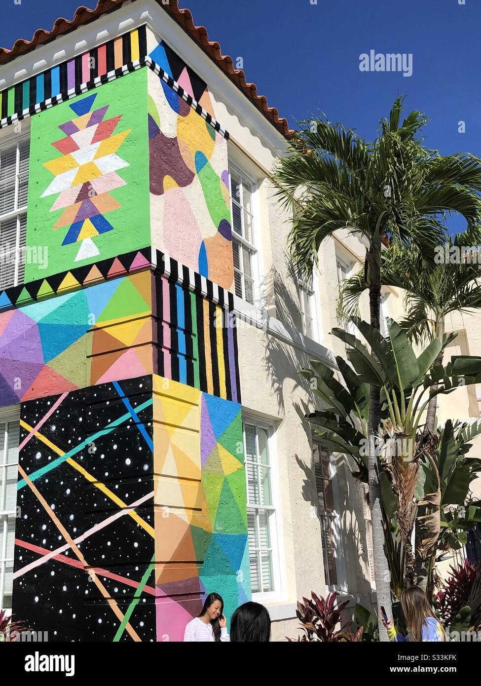 Colorful City Hall Annex building covered with graphics and geometric shapes. - Smartphone Captured Stock Image