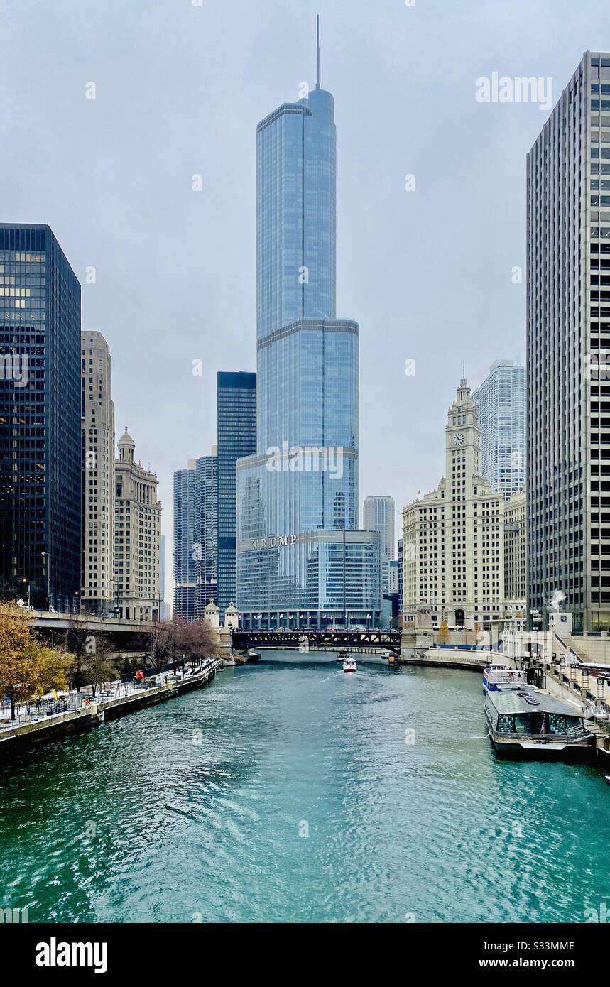 Trump international hotel and towers along the Chicago River in downtown Chicago - Smartphone Captured Stock Image