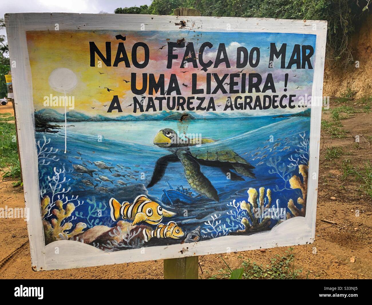 A sign in Portuguese reminding to respect nature. - Smartphone Captured Stock Image