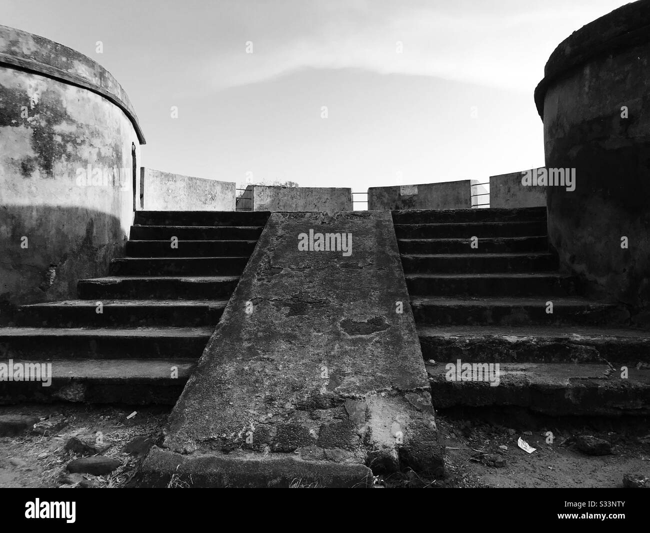 A partial view of fort with steps- Palakkad Tipu Sultan fort situated in the heart of Palakkad - ancient times used this area for monitoring enemy intruders-  it’s a tourist destination- black & white Stock Photo