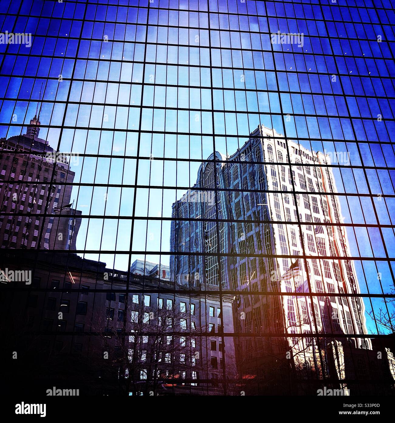 Boston buildings reflected in the windows of the skyscraper at 200 Clarendon St, the former John Hancock Tower. Stock Photo