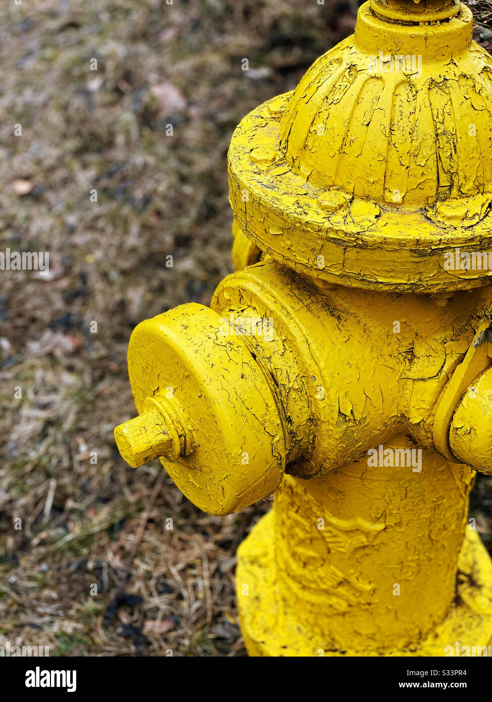 Side shot of a fire hydrant with cracked and weathered paint Stock