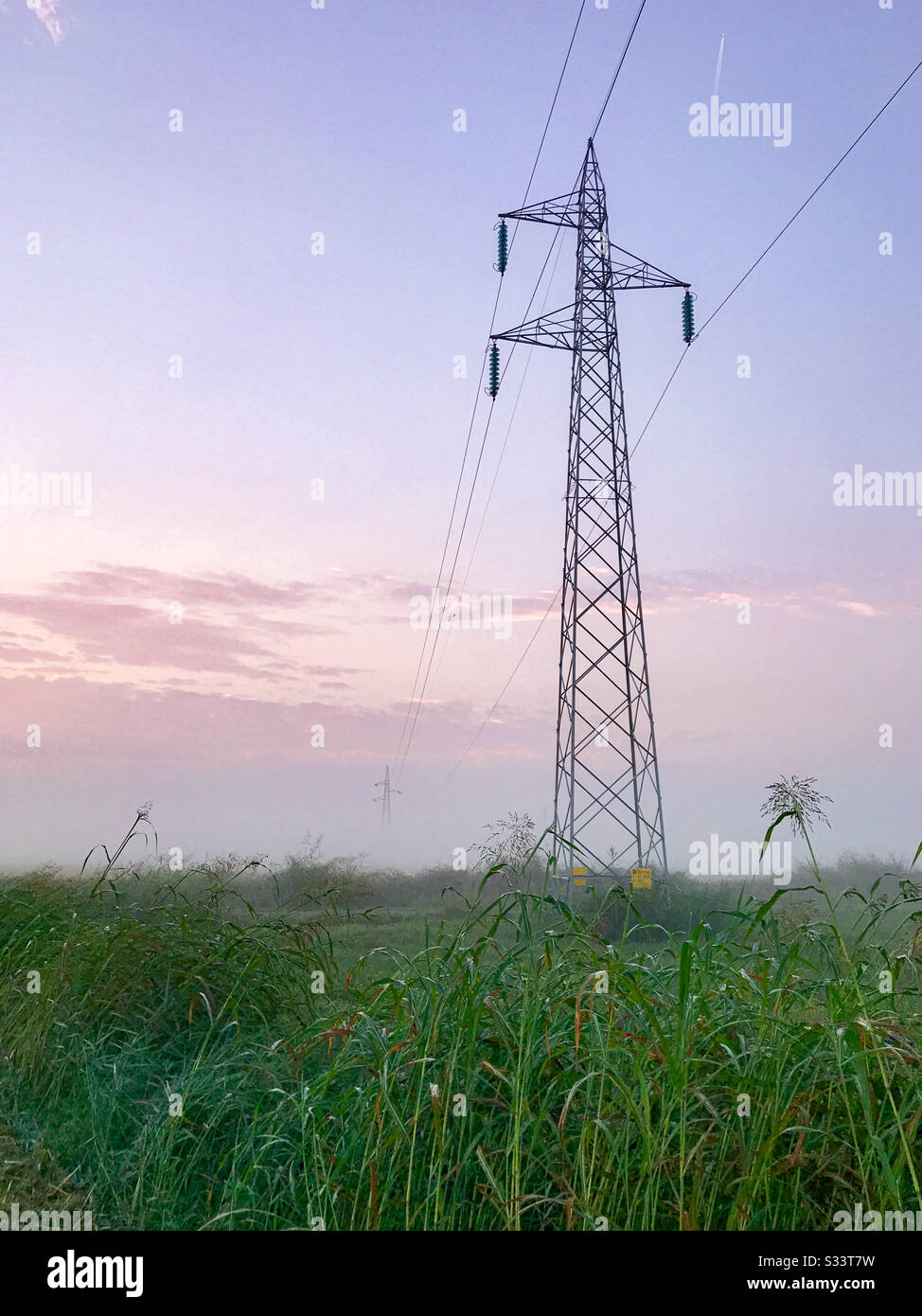 Tall electrical tower in a lush green field with dew drops at sunrise. - Smartphone Captured Stock Image