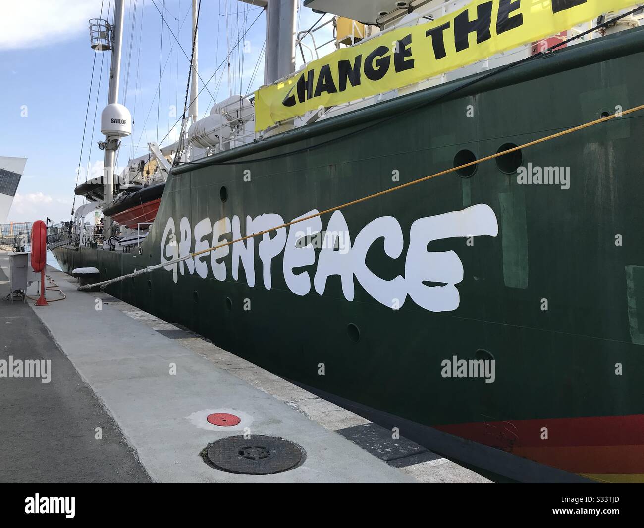 Greenpeace Rainbow Warrior sailing ship at the Port of Burgas, Bulgaria. - Smartphone Captured Stock Image