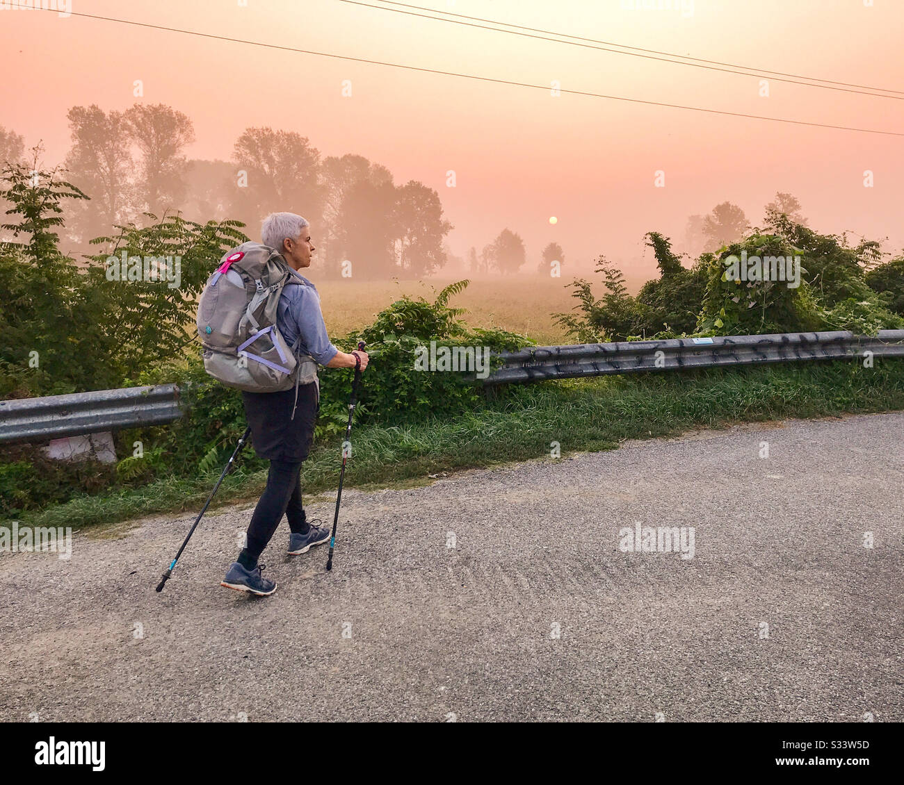 A gray hair middle age female backpacker walking along the side of a paved road with a guardrail. She is wearing a backpack and using walking sticks. A beautiful sunrise is in the background. - Smartphone Captured Stock Image