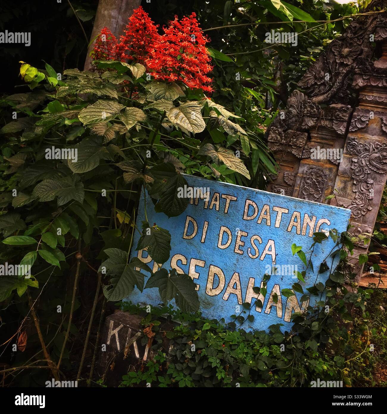 Welcome sign at a guesthouse, Candidasa, Bali, Indonesia - Smartphone Captured Stock Image