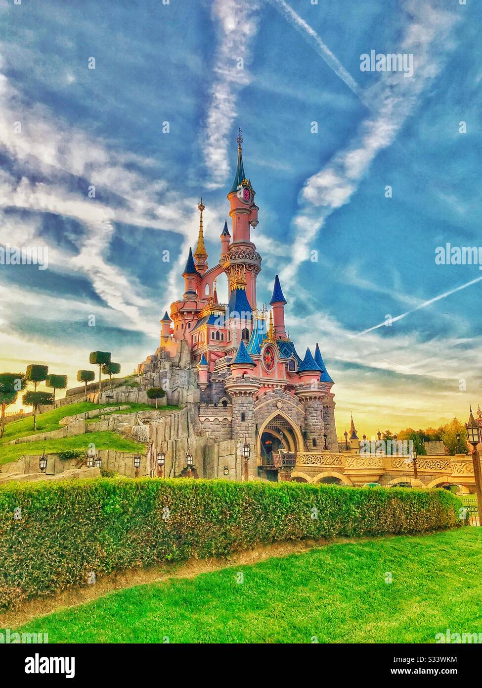 The happiest place in earth at sunset. Disneyland Paris Stock Photo