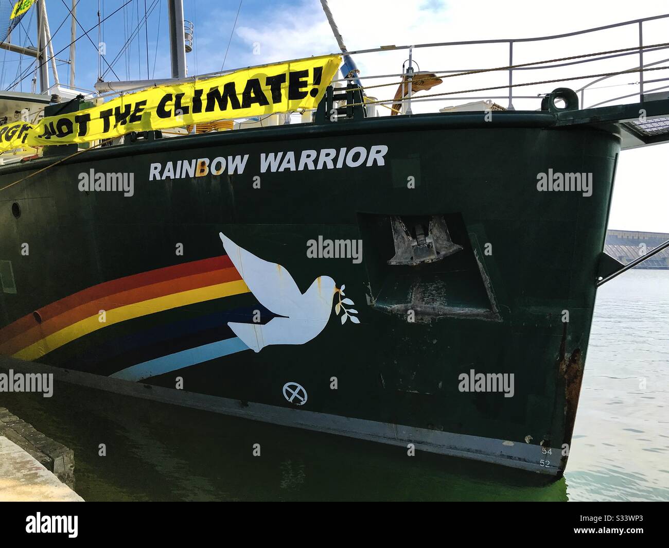 Greenpeace Rainbow Warrior sailing ship at the port of Burgas, Bulgaria. - Smartphone Captured Stock Image