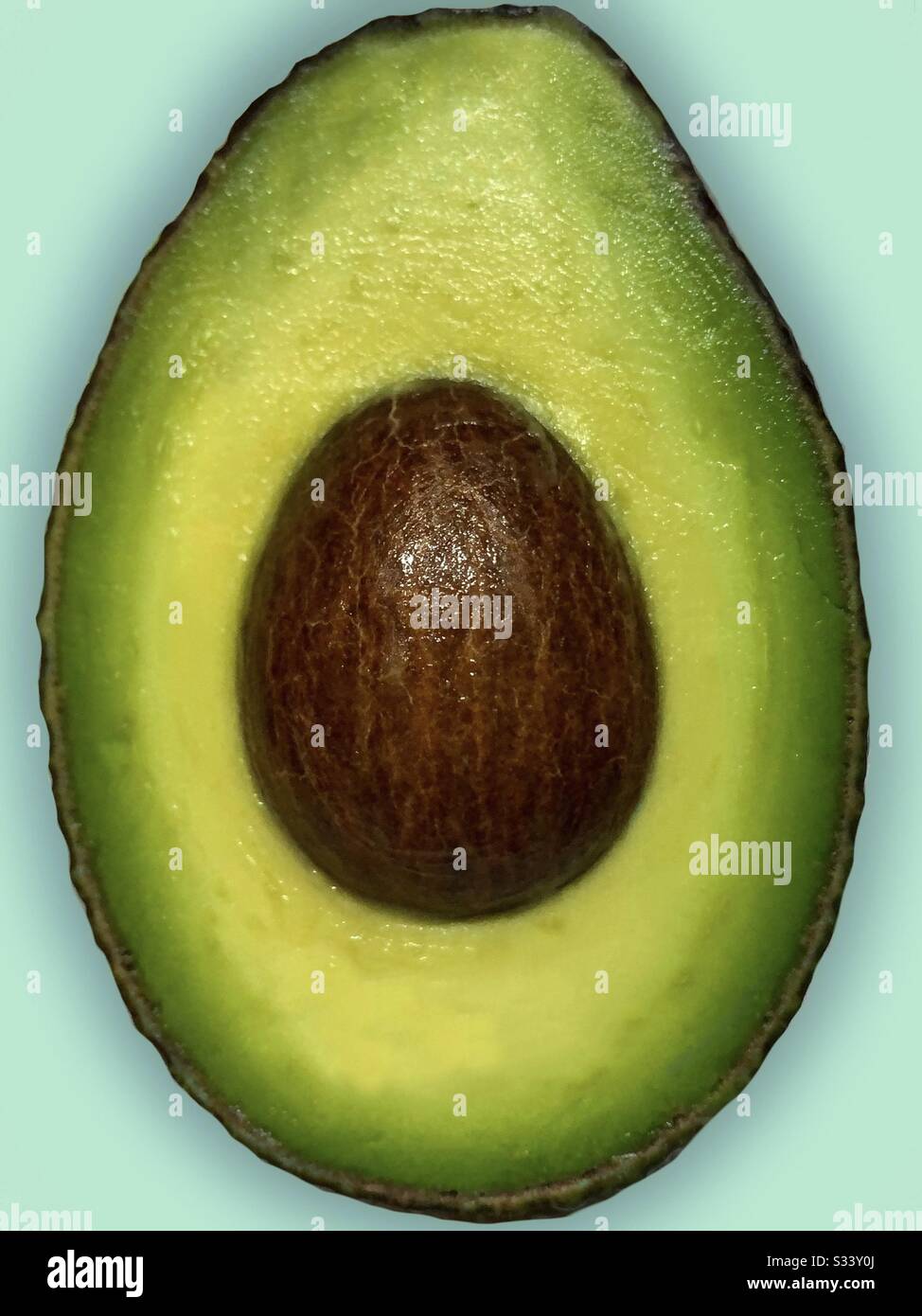 Half of an avocado on a duck egg blue background.  Healthy fat avocado halve.  Cut avocado close up. - Smartphone Captured Stock Image