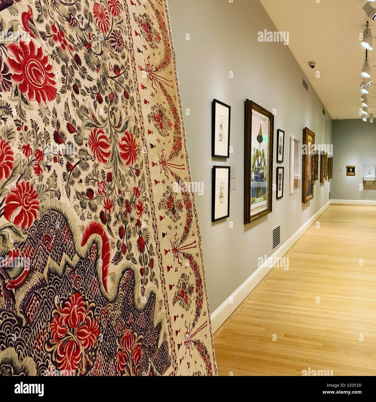 Indian Palampore, painted dyed cotton, late 1700s, and other pieces in a gallery at the RISD Museum, Providence, Rhode Island, United States Stock Photo