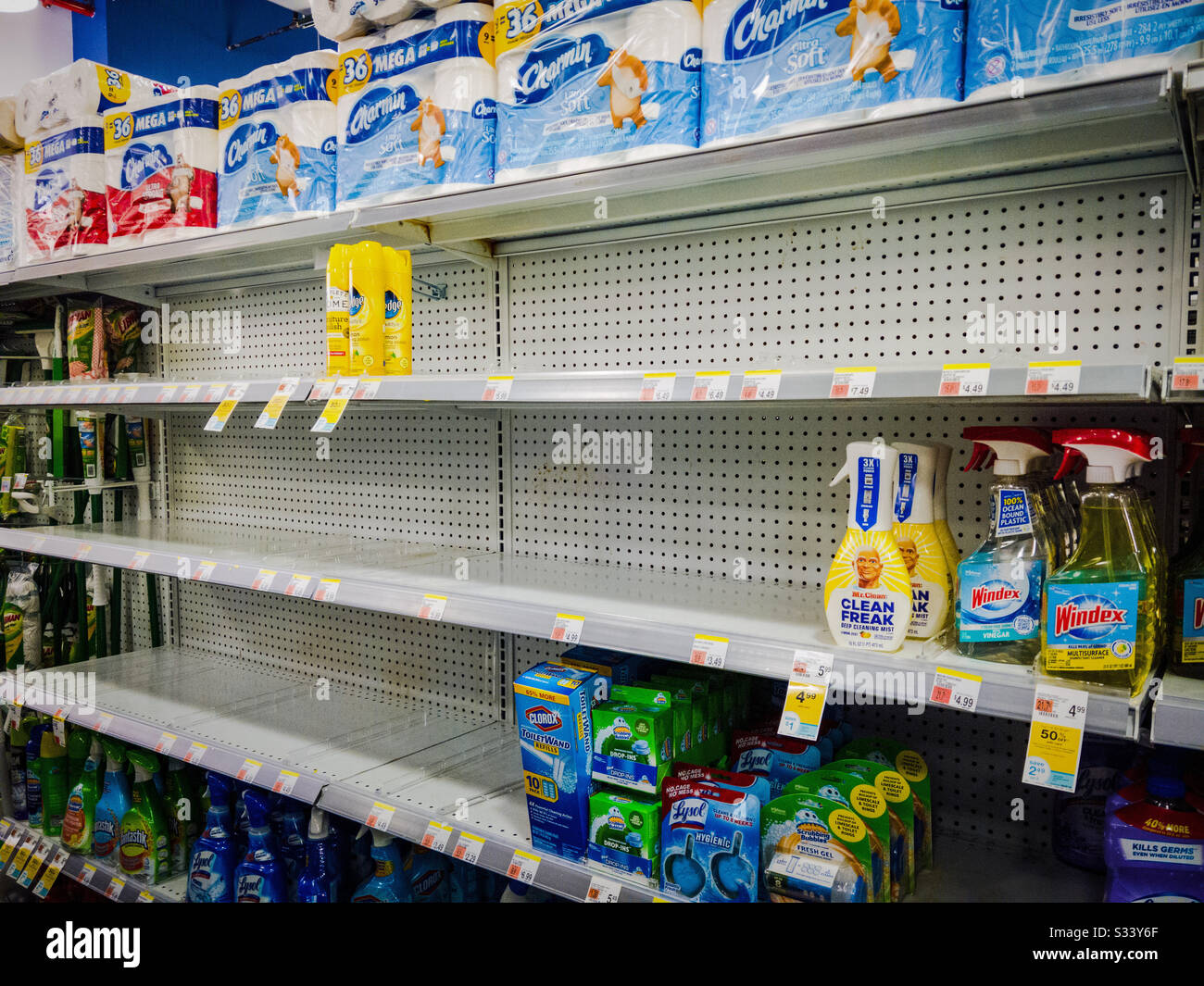 Empty shelf’s at the soap and cleaning products area at the local Duane Read pharmacy in Long Island City, Queens, NY, after Governor Cuomo declares Emergency due to the Coronavirus COVID-19 epidemic - Smartphone Captured Stock Image