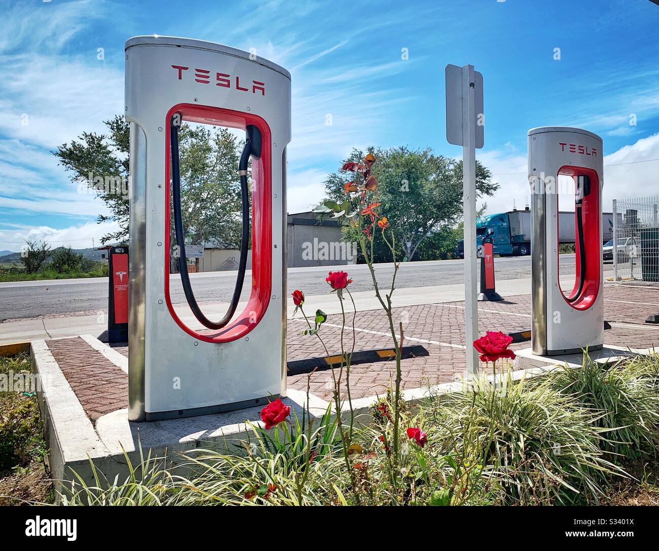 A Tesla charging station in Mexico. Stock Photo