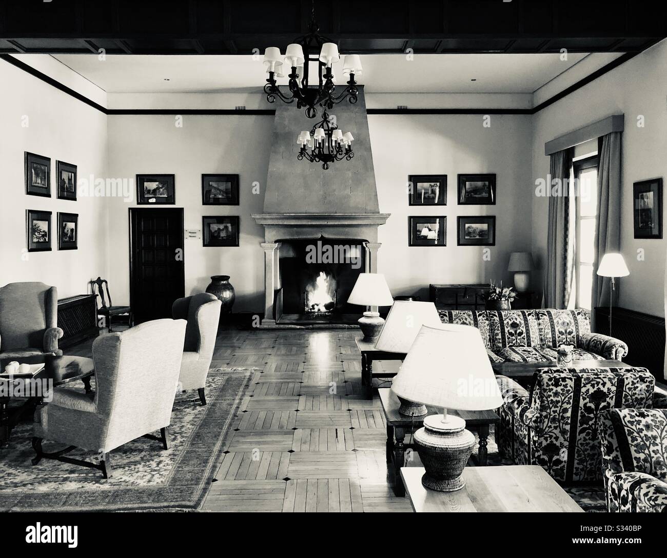 Parador de Tordesillas, sitting room, interior with fireplace - Smartphone Captured Stock Image