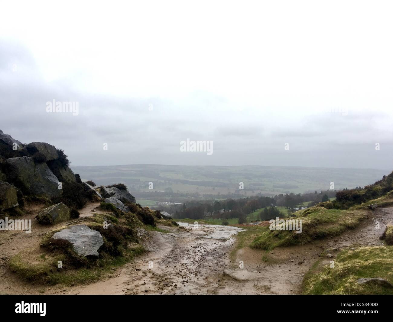 View over Ilkley from the Hangingstone Rocks or Cow and Calf Rocks, Ilkley Moor, West Yorkshire Stock Photo