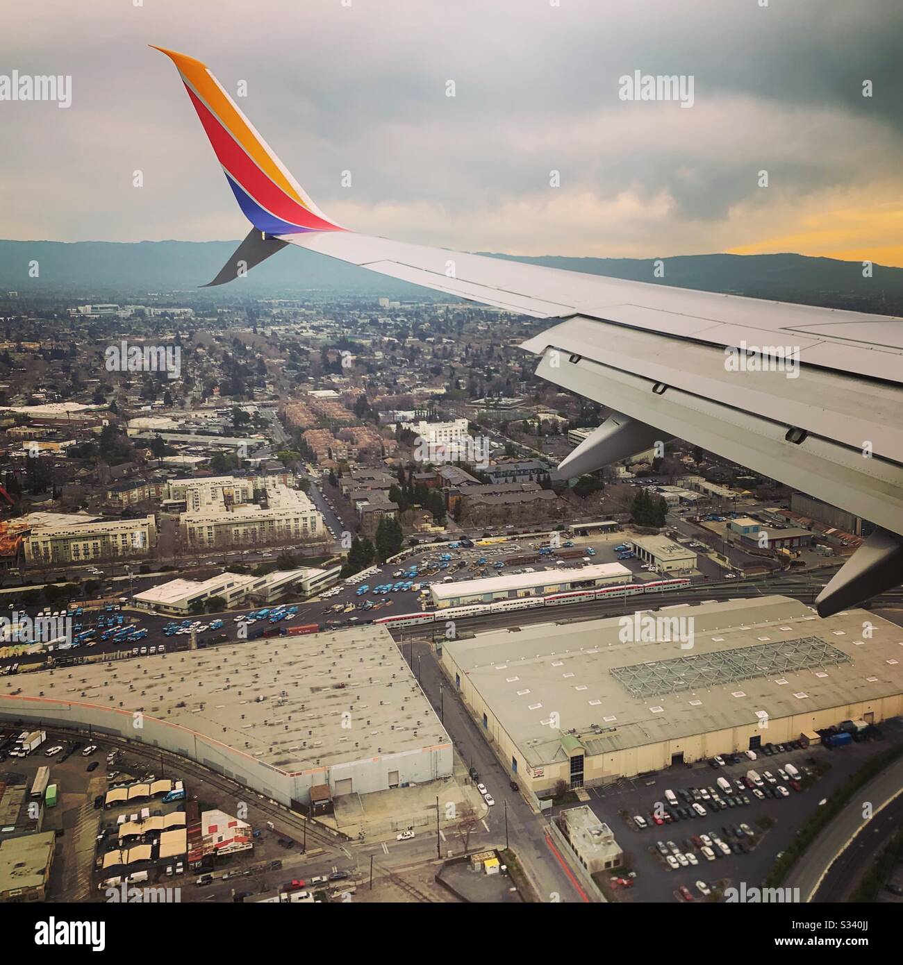 In a Southwest Air jet descending towards Norman Y. Mineta San Jose International Airport, California, United States - Smartphone Captured Stock Image
