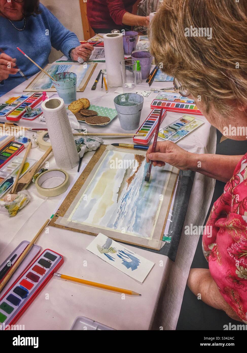 Senior ladies at a watercolour art class, UK - Smartphone Captured Stock Image