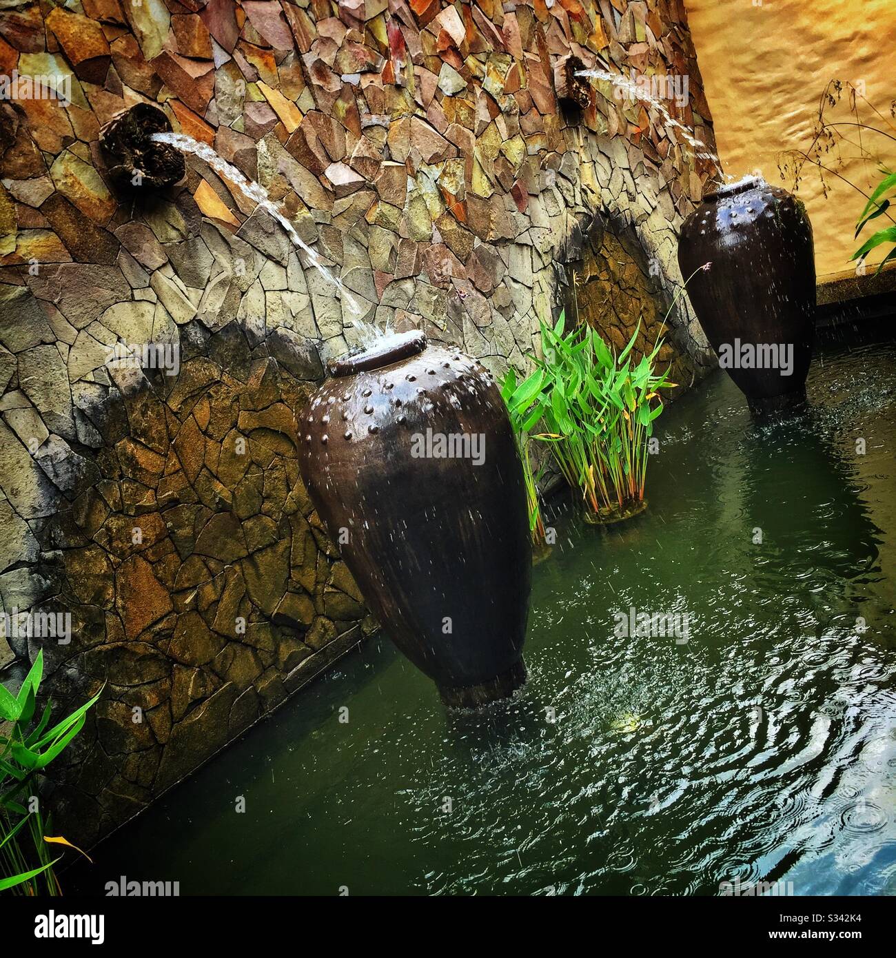 Ponds, fountains, water features and aquatic plants are a feature of the landscaping at The Banjaran Hotsprings Retreat near Ipoh, Malaysia - Smartphone Captured Stock Image