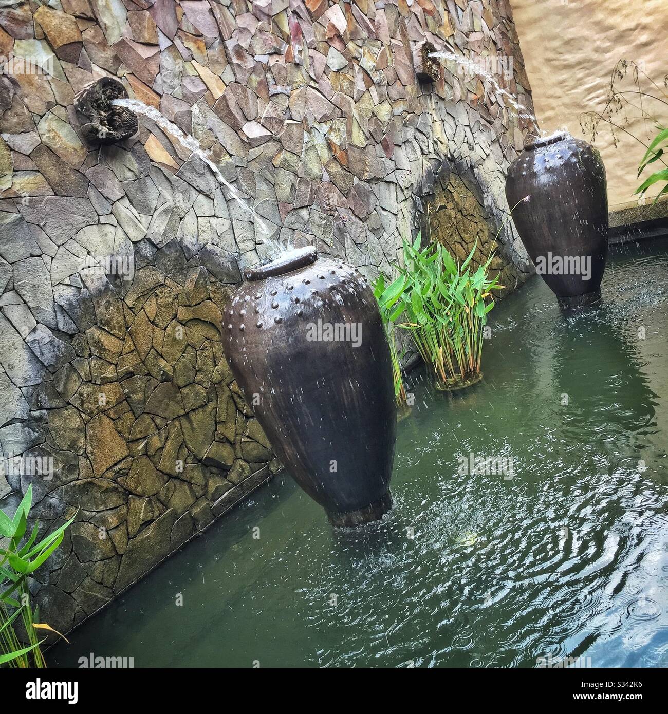 Ponds, fountains, water features and aquatic plants are a feature of the landscaping at The Banjaran Hotsprings Retreat near Ipoh, Malaysia - Smartphone Captured Stock Image