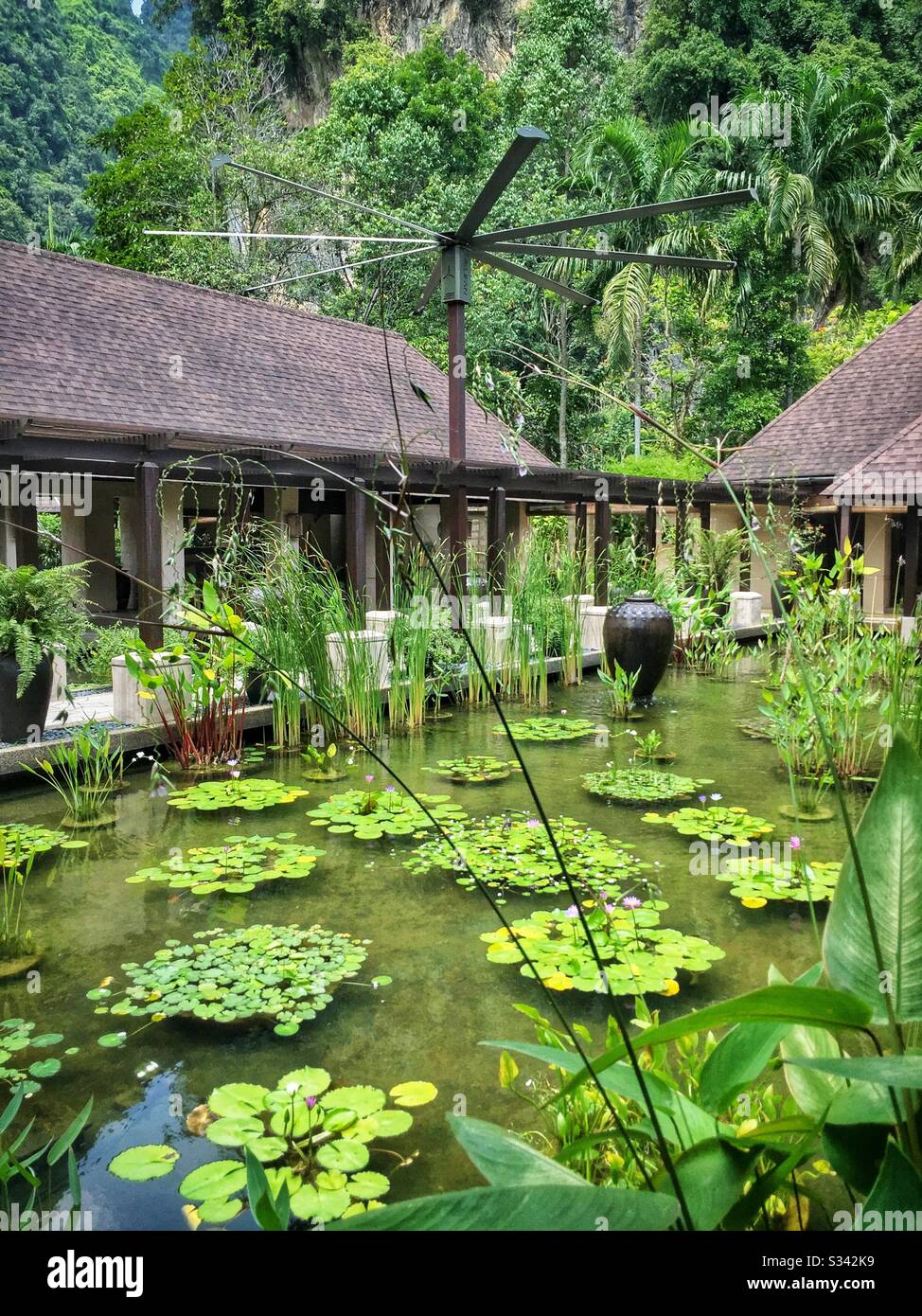Ponds, water features, aquatic plants and giant cooling fans are a feature of the landscaping at The Banjaran Hotsprings Retreat near Ipoh, Malaysia Stock Photo