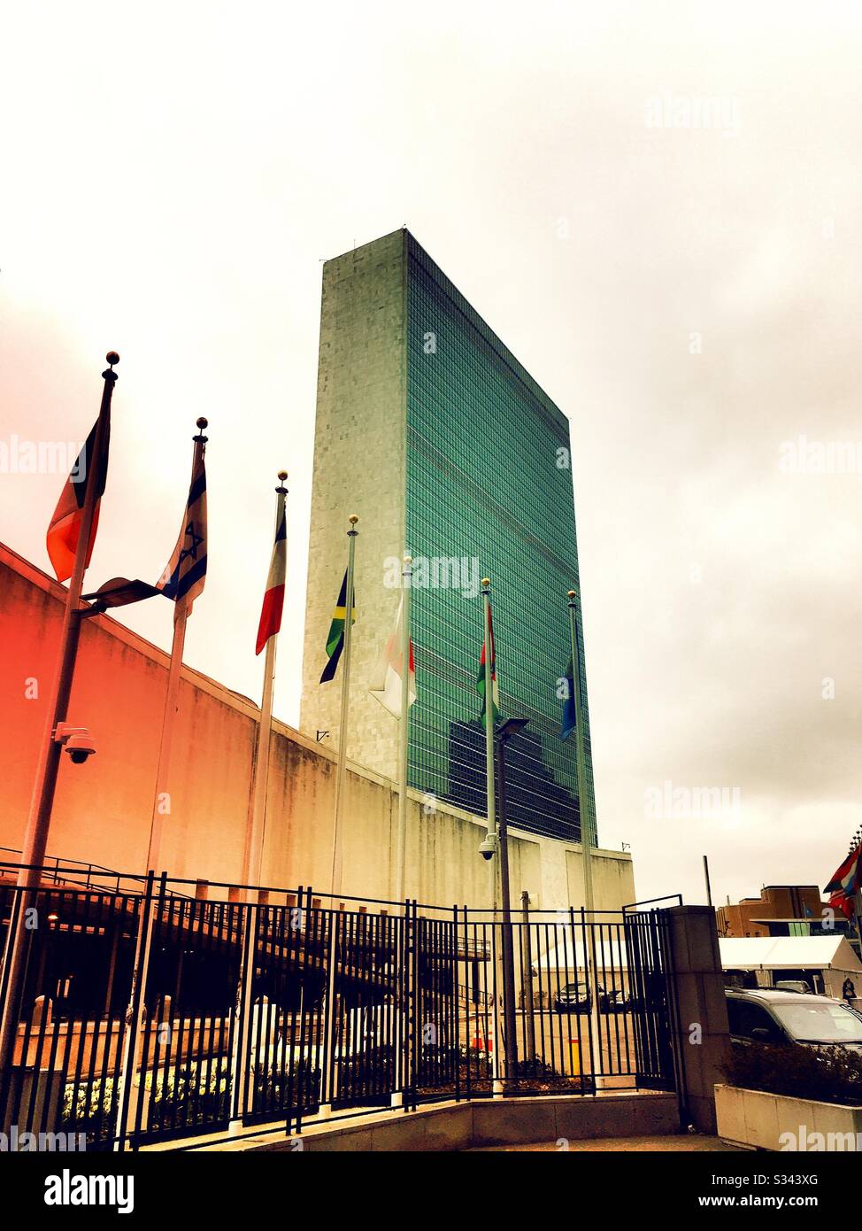 The United Nations headquarters is located on first Avenue in New York City, USA - Smartphone Captured Stock Image