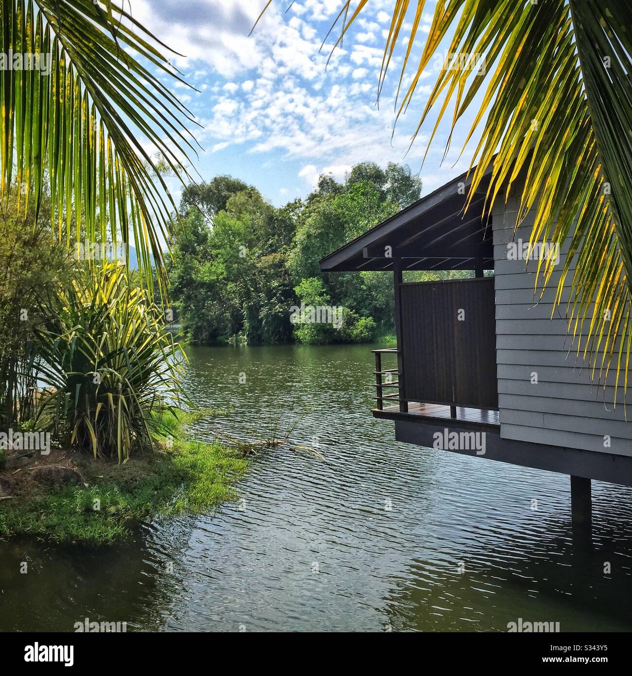 Jala Villas, built on stilts in the shallows of Mangala Lake, Mangala Resort and Spa, Gambang, Kuantan, Pahang, Malaysia - Smartphone Captured Stock Image