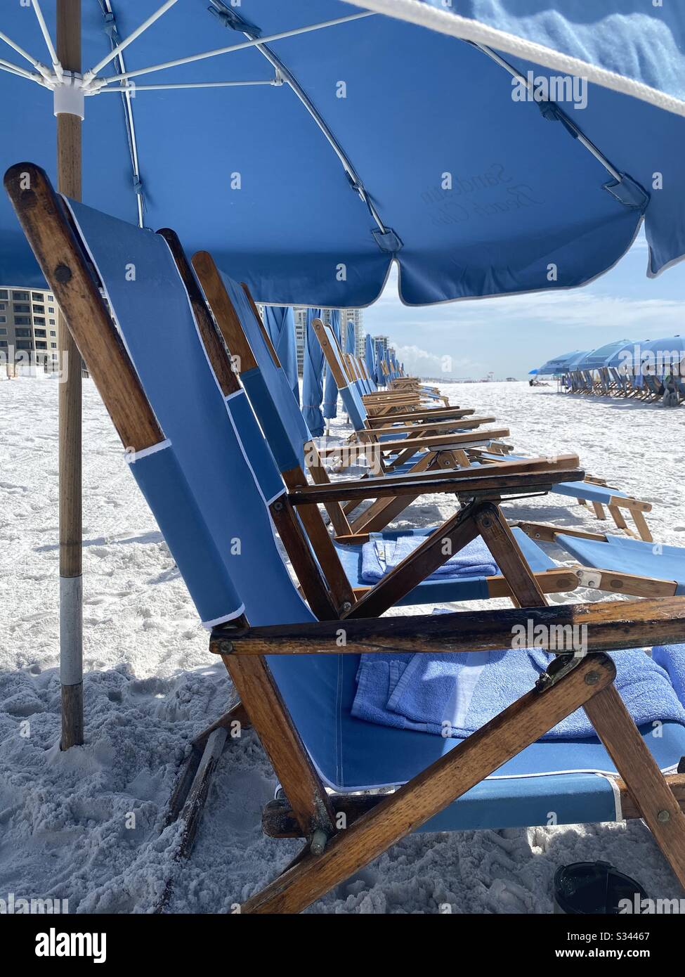 Rows of colorful blue beach chairs and umbrellas on white sand beach - Smartphone Captured Stock Image