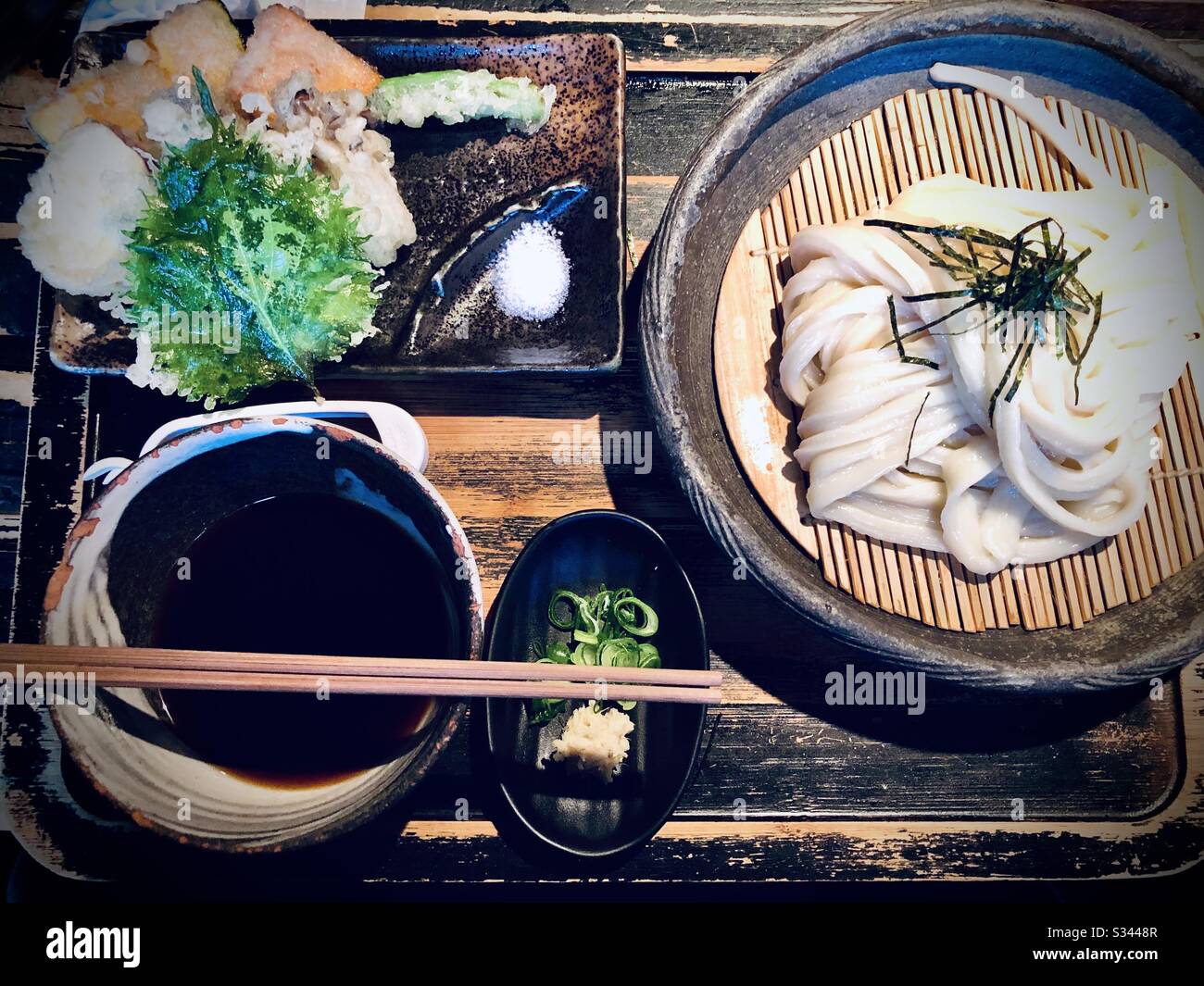 Tempura udon, udon noodles and deep fried vegetables - Smartphone Captured Stock Image