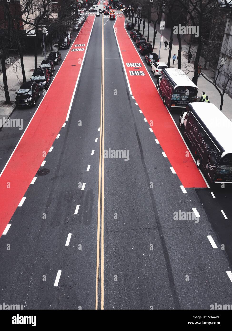 42nd St. free of traffic as a result of traffic restrictions brought on by government mandated attempts to stop the spread of coronavirus in New York City, USA - Smartphone Captured Stock Image