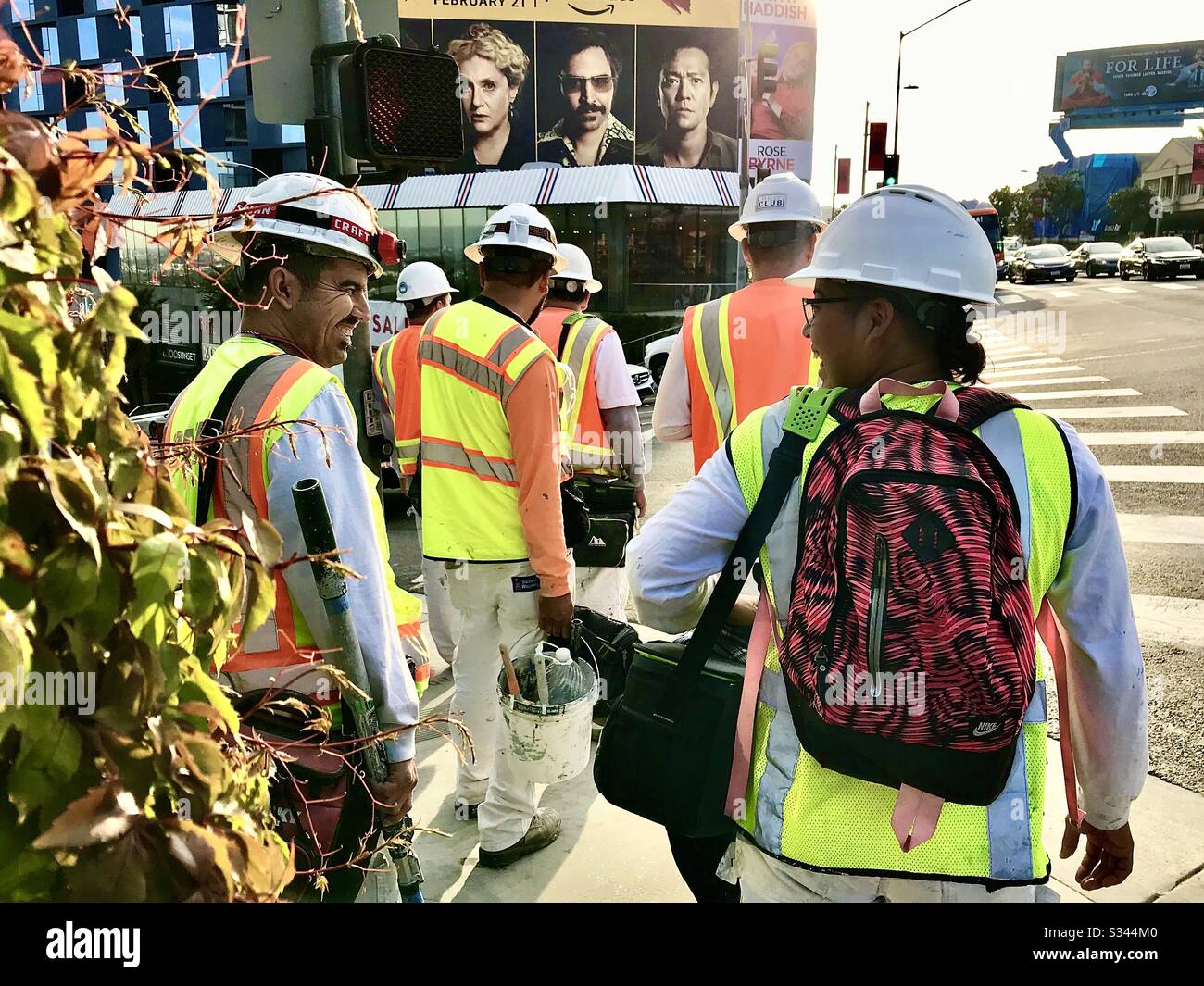 Workers call it a day on Sunset Blvd. in Hollywood Ca. Stock Photo