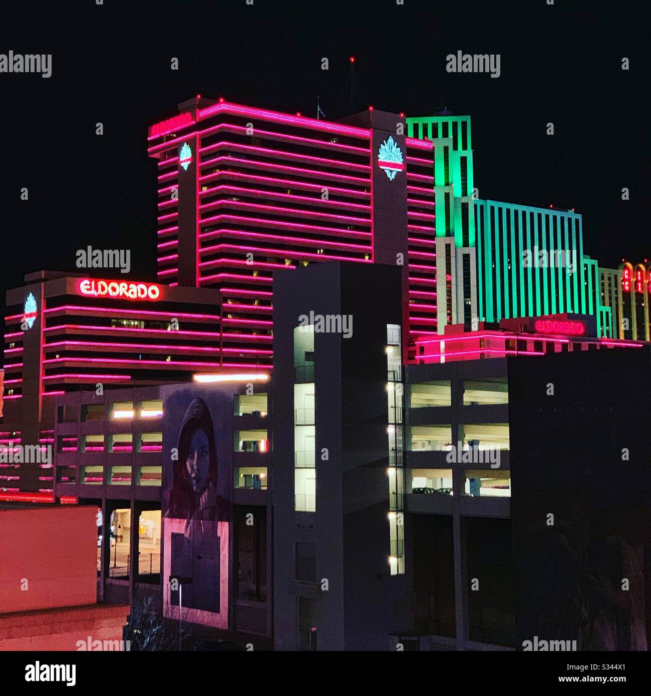 Eldorado and Silver Legacy casinos at night, Reno, Nevada, United States Stock Photo