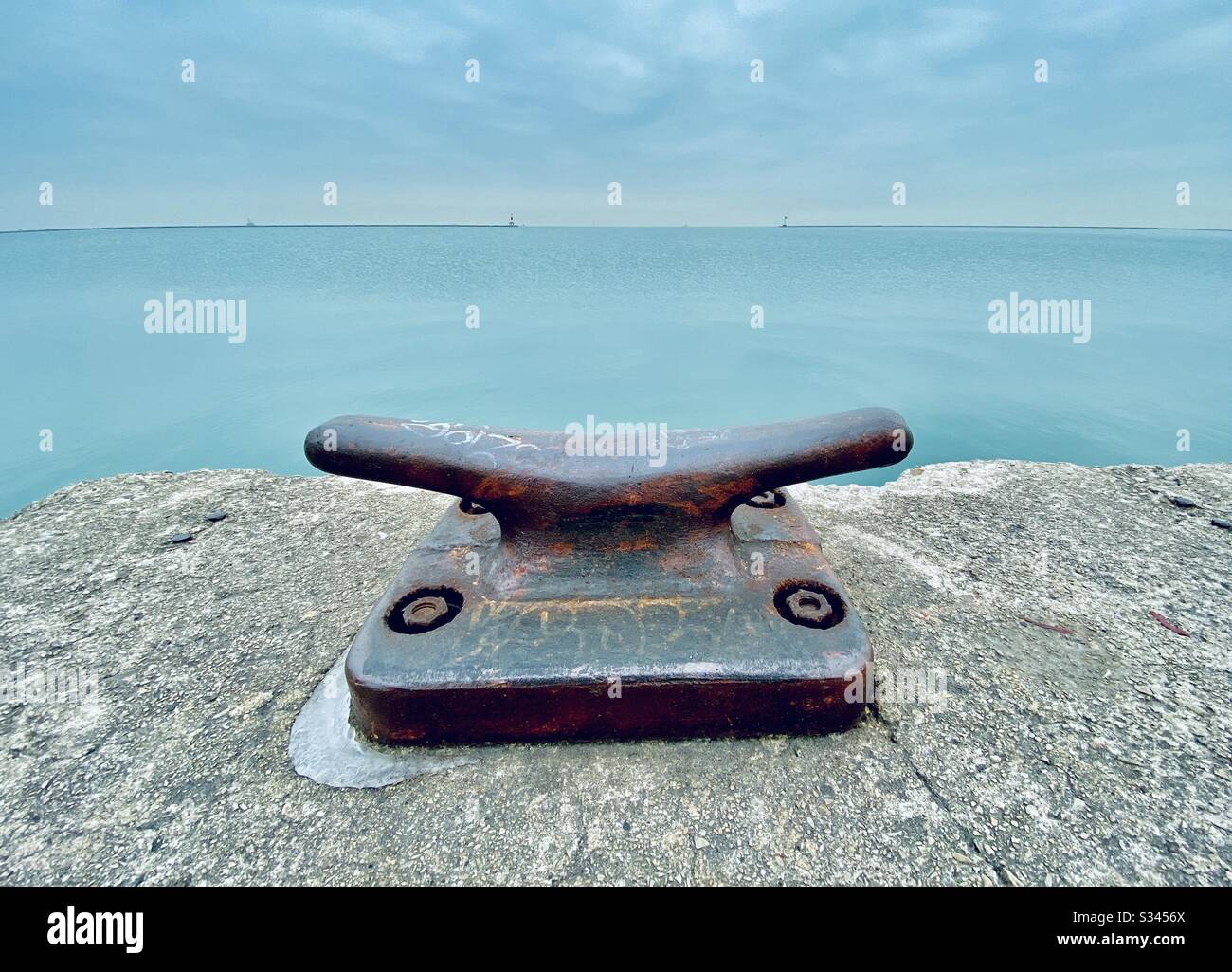 Docking cleat and Lake Michigan at the harbor in Chicago, Illinois - Smartphone Captured Stock Image